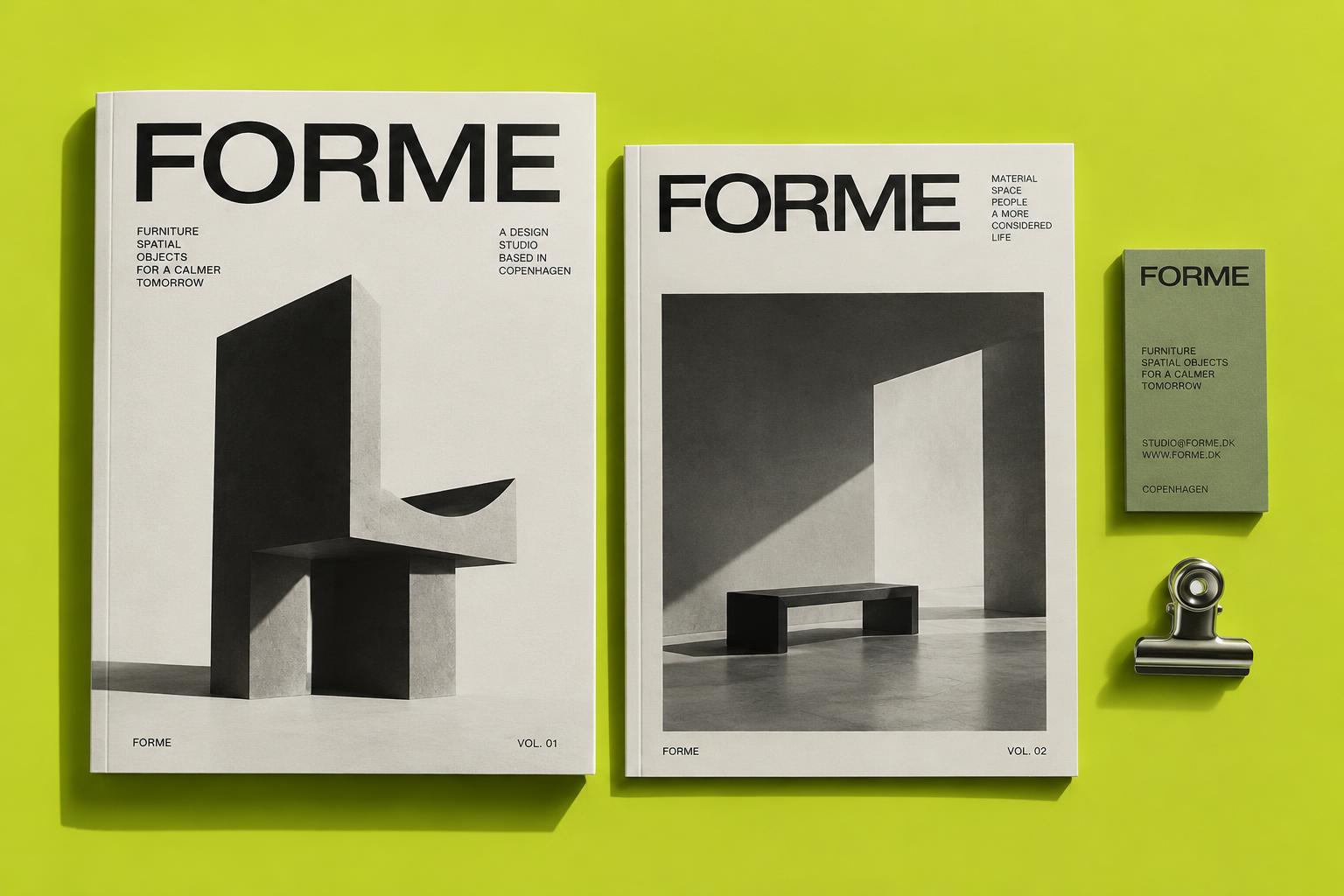 FORME furniture studio brand decks and printed identity on a chartreuse surface