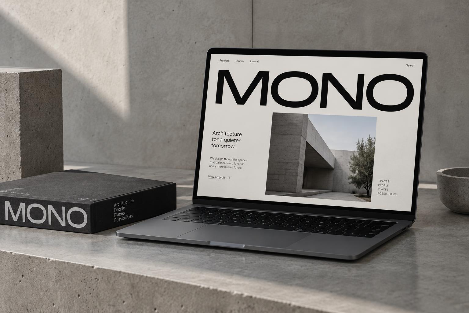 MONO architecture website displayed on a laptop next to a branded book